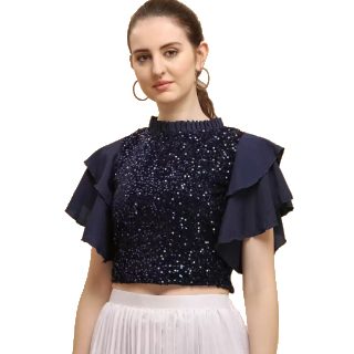 DL Fashion  Party Flute Sleeves Embroidered Women Blue Top at Rs.499